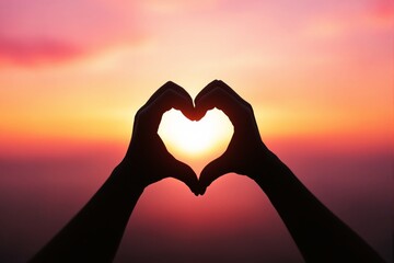 Fototapeta premium Silhouette of hands forming heart shape against vibrant sunset background.