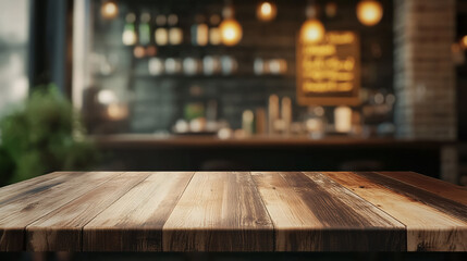 Empty wooden table platform with a blurry, defocused restaurant interior in vintage tones.