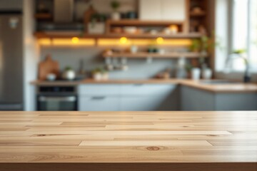 Wooden countertop in modern kitchen with blurred cabinets and shelves in background.