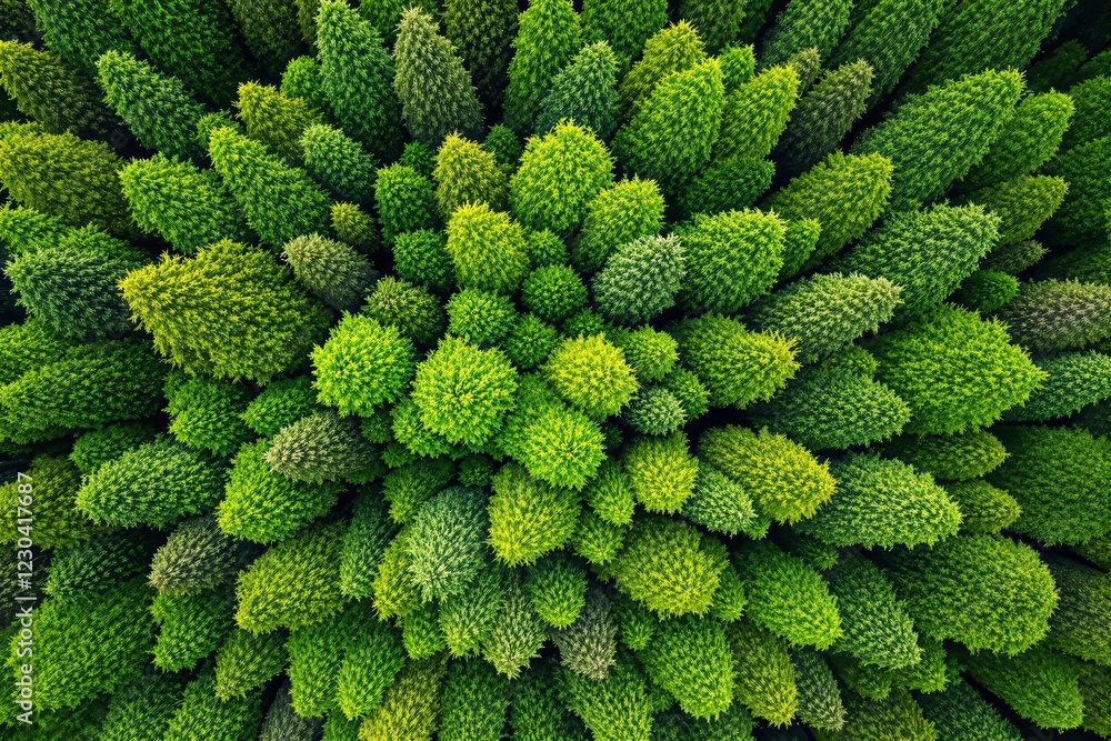 Aufkleber aerial view of vibrant green coniferous trees forming dense forest patterns.