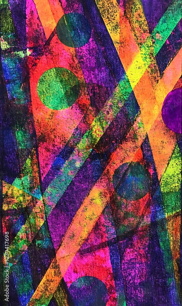 Poster intersecting neon diagonal lines with abstract geometric shapes on a vibrant background for a bold b