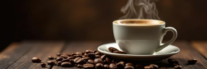 Fototapeta premium Steaming coffee with a few coffee beans on top, flavorful, liquid, aromatic
