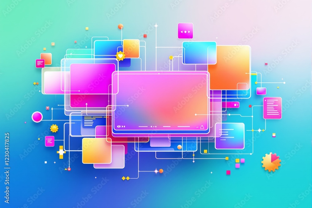 Poster abstract digital interface with vibrant gradient panels and icons on light blue background.