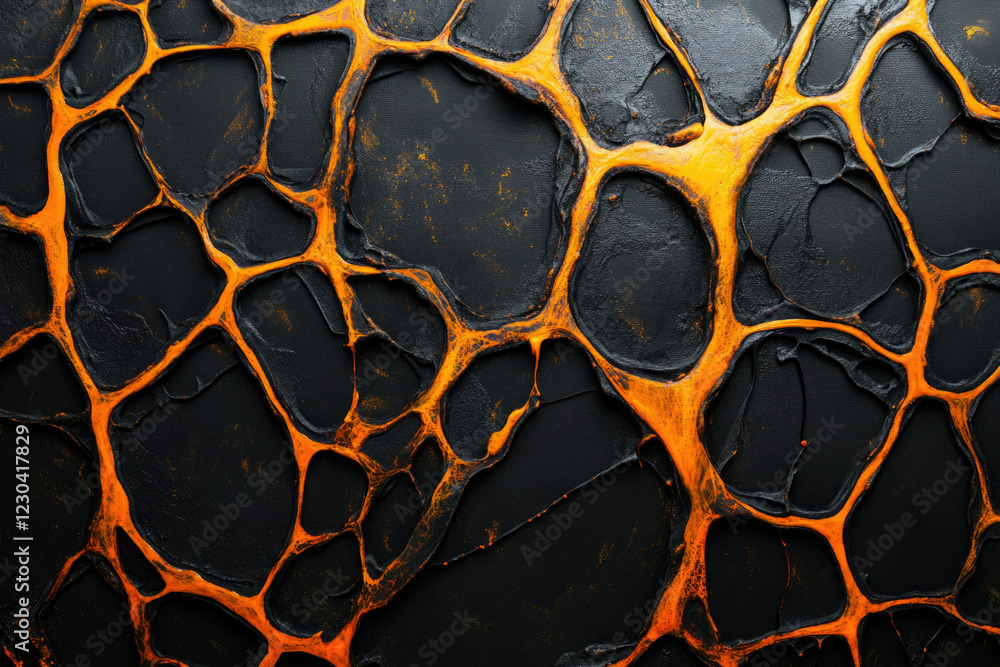 Poster Abstract artwork featuring a web-like structure of orange and black paint, creating a textured, organic design.