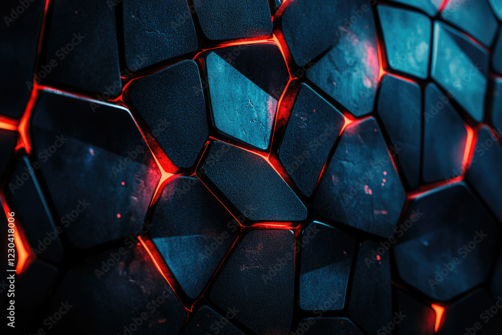 Fototapete abstract dark blue and red glowing hexagonal pattern, futuristic tech texture.
