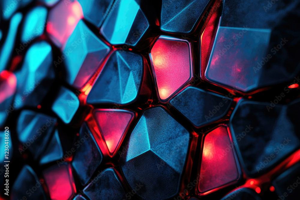 Poster abstract 3d render of a dark, metallic surface with glowing red and blue polygonal shapes.