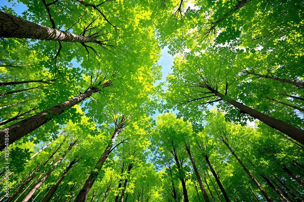 Poster view of tall green trees from below in a bright forest.