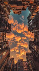 Naklejka premium Looking up at a vibrant sunset sky framed by tall urban buildings, creating a dramatic cityscape view.