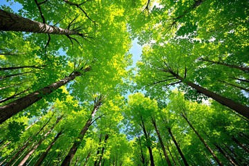 View of tall green trees from below in a bright forest.