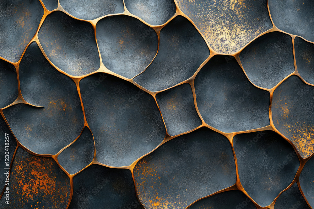Poster abstract metallic texture with dark gray and gold organic shapes, creating a visually striking patte