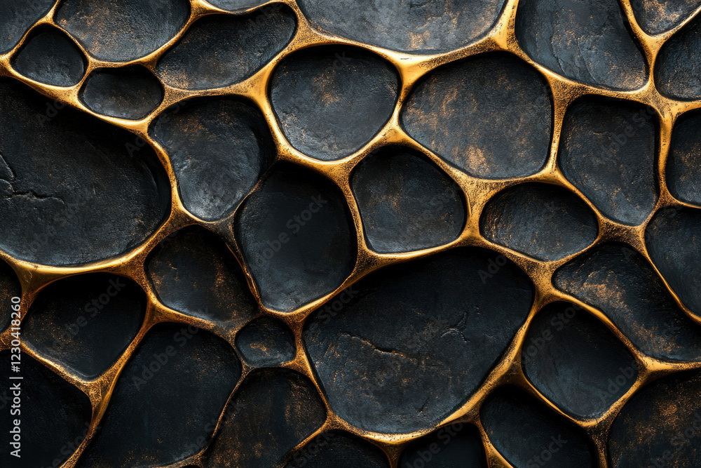 Poster abstract metallic texture with dark, organic shapes outlined in gold, creating a luxurious and intri
