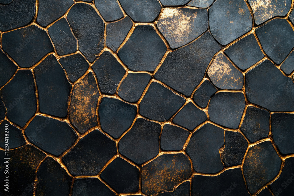 Poster abstract dark stone mosaic with gold grout, creating a luxurious and textured background.