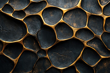 Abstract metallic texture with dark, organic shapes outlined in gold, creating a luxurious and intricate design.