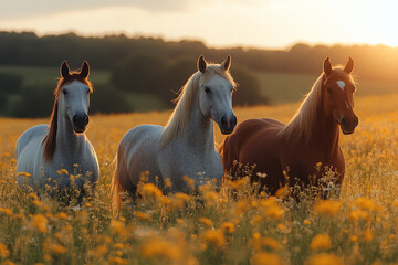 Three horses stand in a field of yellow flowers at sunset