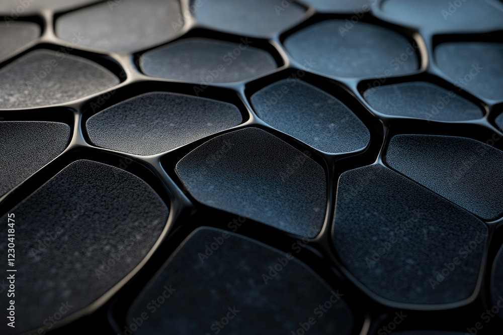 Poster abstract dark, textured surface with irregular, interconnected polygonal shapes.