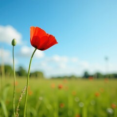 A delicate poppy grows amidst tall grasses in an English meadow against a bright blue sky, landscape, bloom, countryside