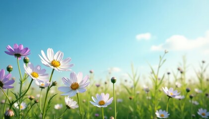Fototapeta premium A field of white and purple flowers swaying in the wind against a soft blue sky with a few wispy clouds, sunny, sky, warm