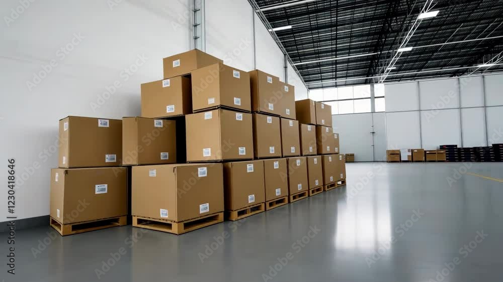 Poster a large stack of cardboard boxes is piled against a wall in a warehouse. the boxes are all different