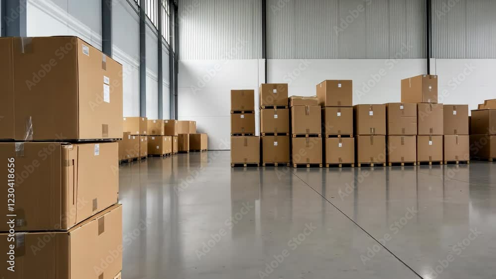 Poster a warehouse with many boxes stacked on top of each other. the boxes are all brown and are piled up i