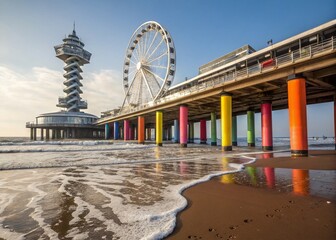 Scheveningen Pier Ferris Wheel Netherlands Beach Seascape Stock Photo