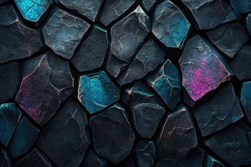 Dark, textured stone wall with teal and pink accents. Irregular shapes create a dramatic, mystical aesthetic.