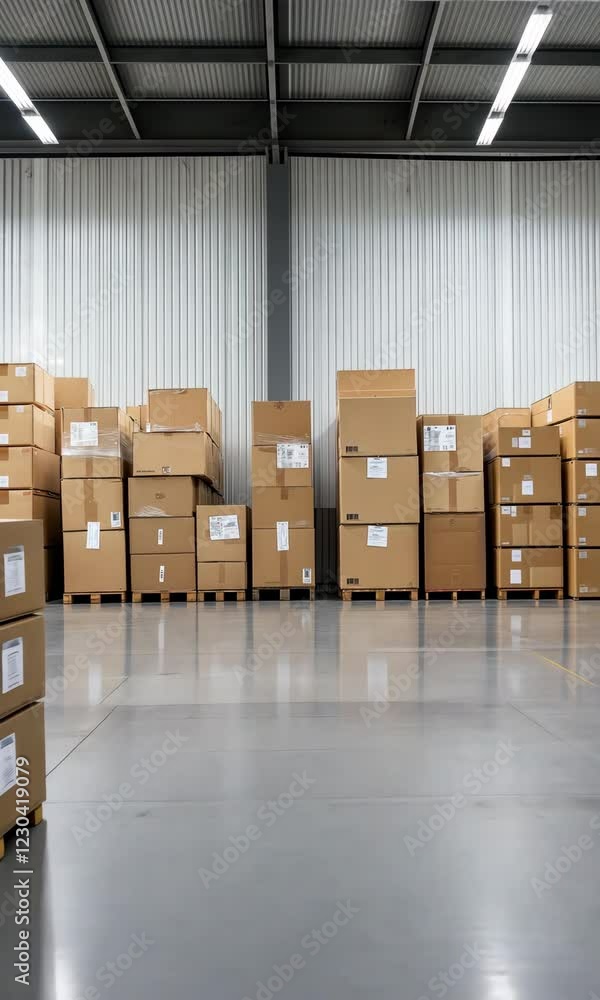 Poster a warehouse with many boxes stacked on top of each other. the boxes are all different sizes and are 