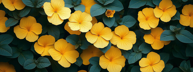 Elegant Floral Backdrop of Yellow Flowers with Dark Green Leaves, Featuring Fine Textured Petals Creating a Beautiful Pattern. Generative AI