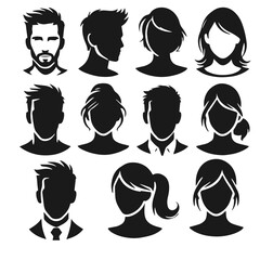 Clean black and white vector silhouette of hairstyles on white background
