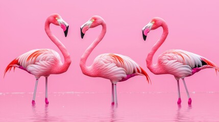 Obraz premium Three pink flamingos standing in pink water against pink background
