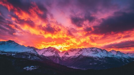 Majestic Sunrise Over Snow-Capped Mountains with Vibrant Sky Colors, Ideal for Nature, Travel, and Adventure-Themed Stock Photography. Banner, background. High quality photo