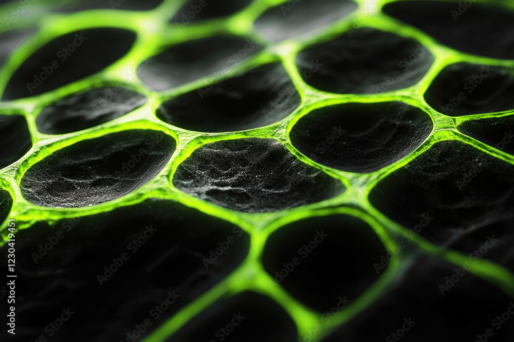 Poster Microscopic view of a textured surface with glowing green network pattern resembling cellular structure.