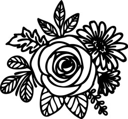 Hand drawing floral line art illustration featuring detailed rose,aster flower, leaves, and botanical elements. For coloring pages, tattoo designs, laser cutting, and decorative clipart.
