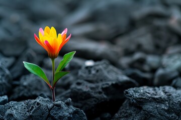A vibrant orange and pink flower blooms amidst dark volcanic rocks, symbolizing resilience and beauty in harsh environments. Life Amidst Cold Volcanic Rock, Lonely Bloom