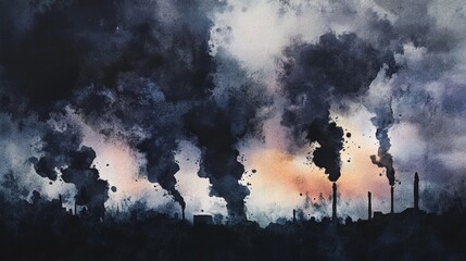 A dramatic watercolor illustration depicting a dark industrial landscape filled with smoke and pollution. The scene captures the impact of emissions on the environment.