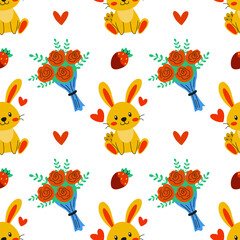 Adorable and Cute Bunny Surrounded by Colorful Flowers and Cheerful Hearts Pattern