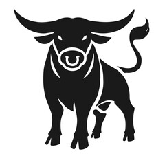 Clean black and white vector silhouette of bull on white background