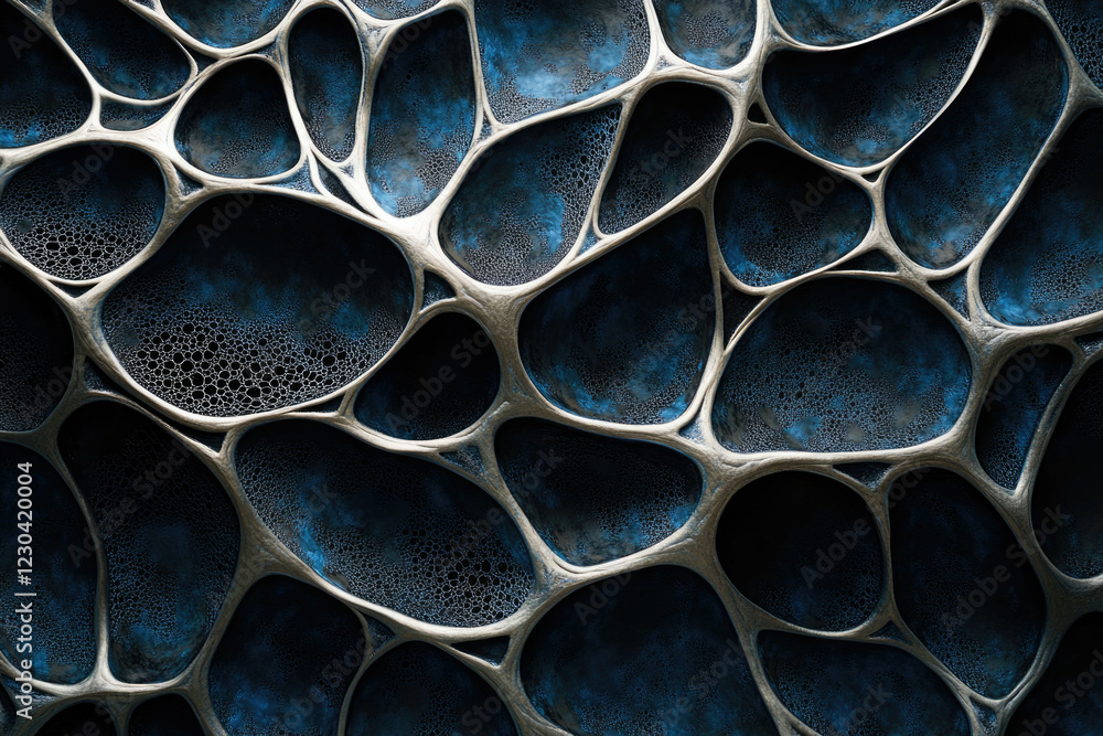 Poster abstract metallic structure resembling a complex network or cellular organism with dark blue and sil