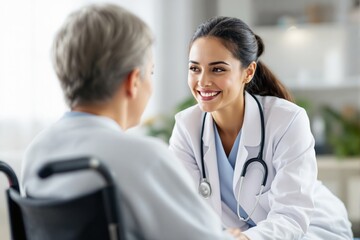 Smiling doctor interacting with elderly patient in bright setting, promoting care and empathy.