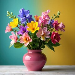 Naklejka premium Colorful flowers of Scilla bifolia and Primula vulgaris in a vase, vase, flowers