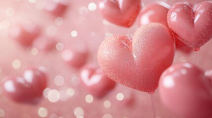 A bunch of pink hearts are floating in the air