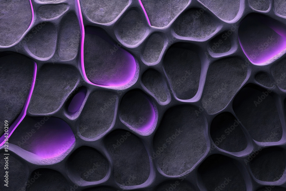 Poster abstract 3d render of a dark, porous surface with neon purple accents, creating a futuristic or orga