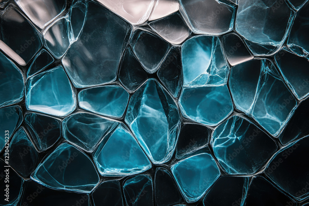 Poster abstract image of interconnected teal and dark blue polygonal shapes resembling a cracked surface or