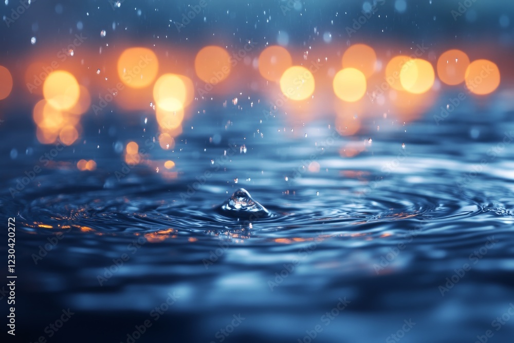 Poster Raindrops create ripples on a tranquil surface illuminated by soft, warm bokeh lights in the background during a calm evening