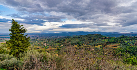 Panorama from the main square of the village overlooking the Tuscan countryside in Castagneto Carducci Tuscany Italy 