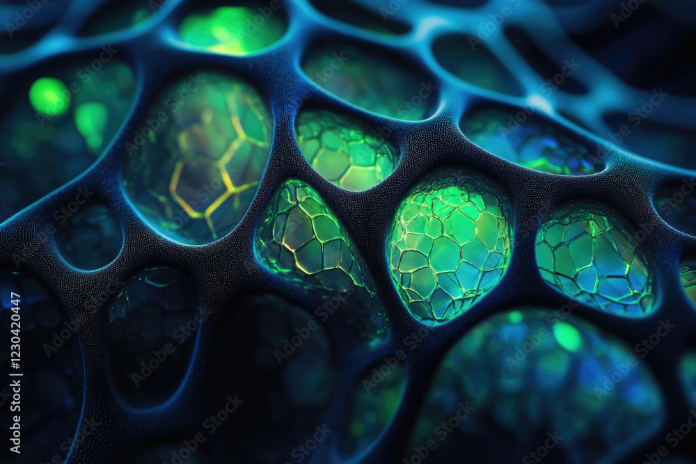 Poster Abstract 3D render of a bioluminescent, honeycomb-like structure with glowing green cells within a dark, textured matrix.
