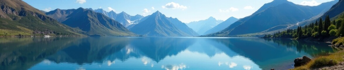Fototapeta premium Crater lake reflects the majestic mountain range, calm water surface, mountains, lakes