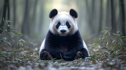 Fototapeta premium Adorable giant panda sitting in bamboo forest.