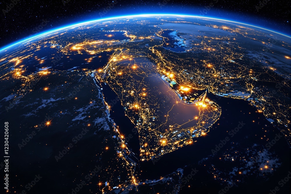 Poster view of earth at night showcasing illuminated middle eastern region and interconnected lights from s