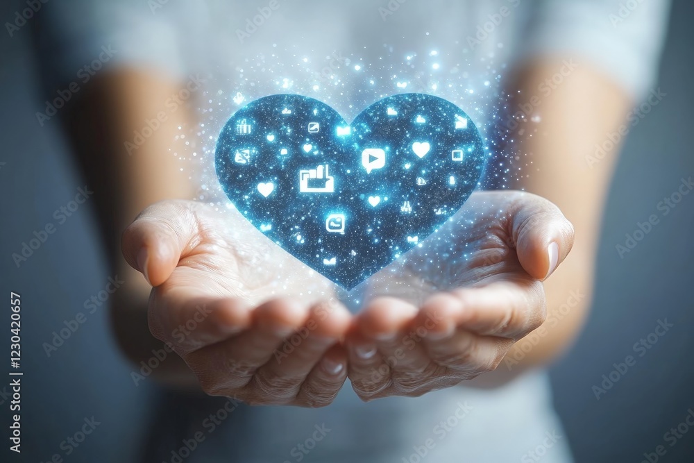 Aufkleber Hands holding glowing heart-shaped technology symbols representing digital connection and communication in a modern setting