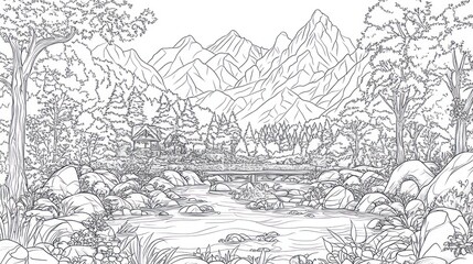 Fototapeta premium Mountain river scene, bridge, forest, coloring book page